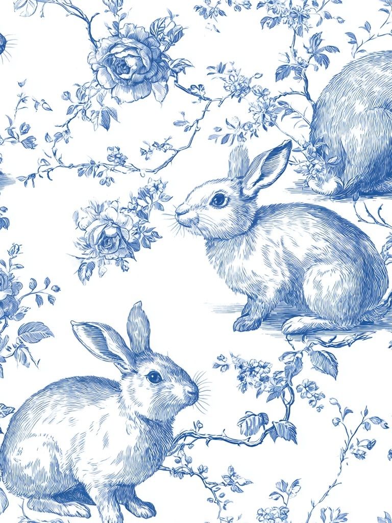 Blue Rabbit Toile Pattern Print. poster — animals art