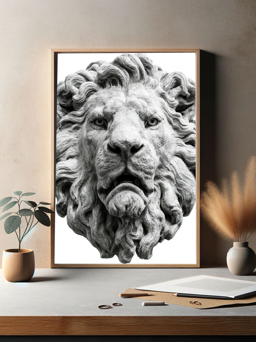 Stone Lion Head Photography Poster. — room view 2