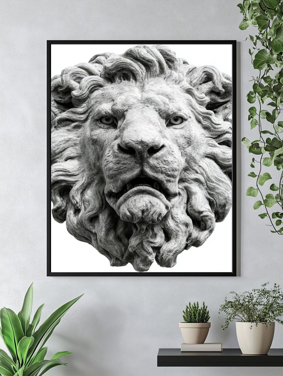 Stone Lion Head Photography Poster. — room view 4