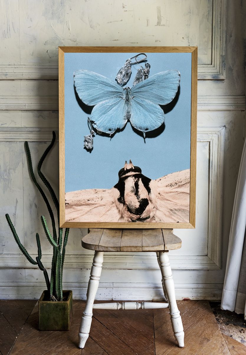 Blue Butterfly and Moth Collage Print. — room view 1