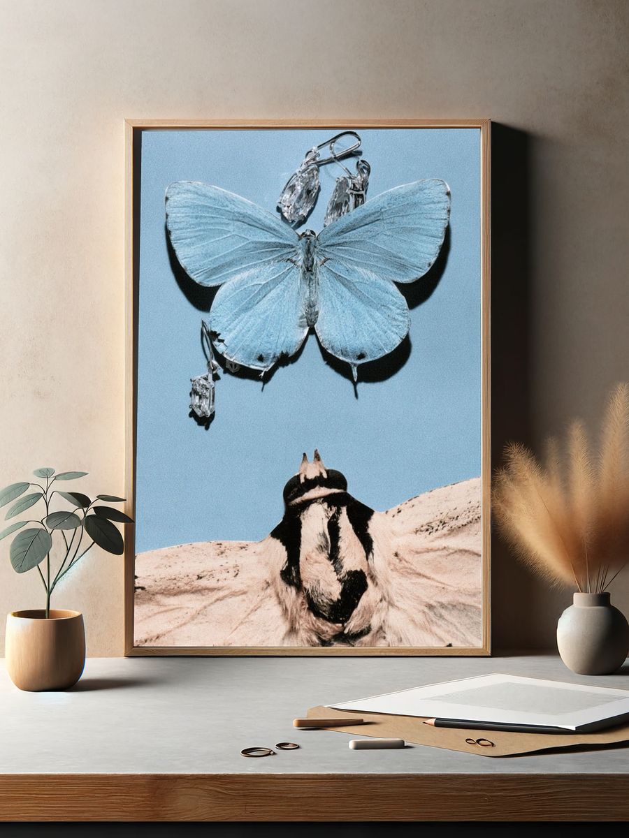 Blue Butterfly and Moth Collage Print. — room view 2