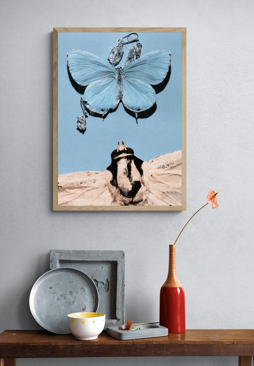 Blue Butterfly and Moth Collage Print. — room view 3