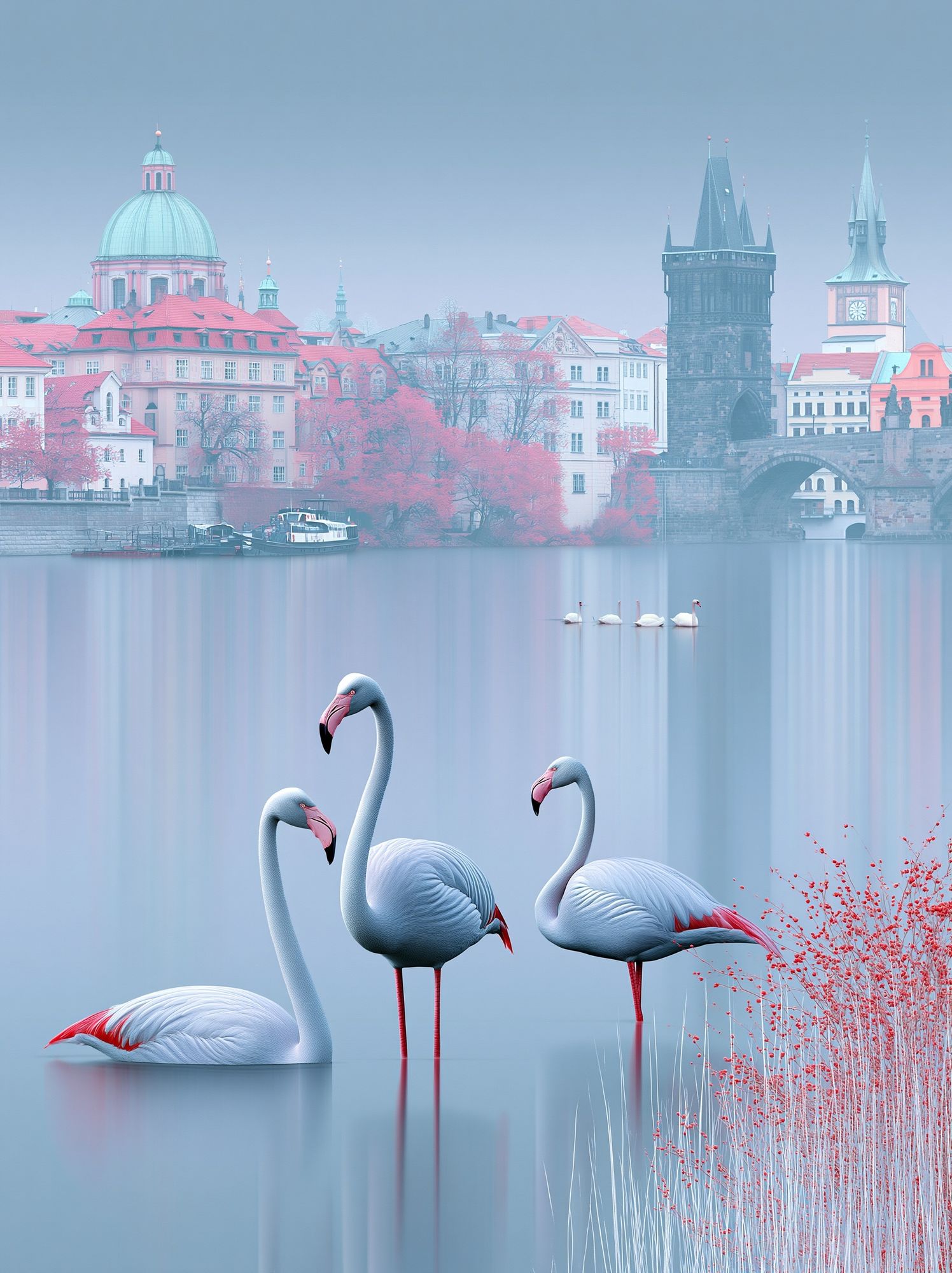 Prague Swans Misty Cityscape Print. poster detail