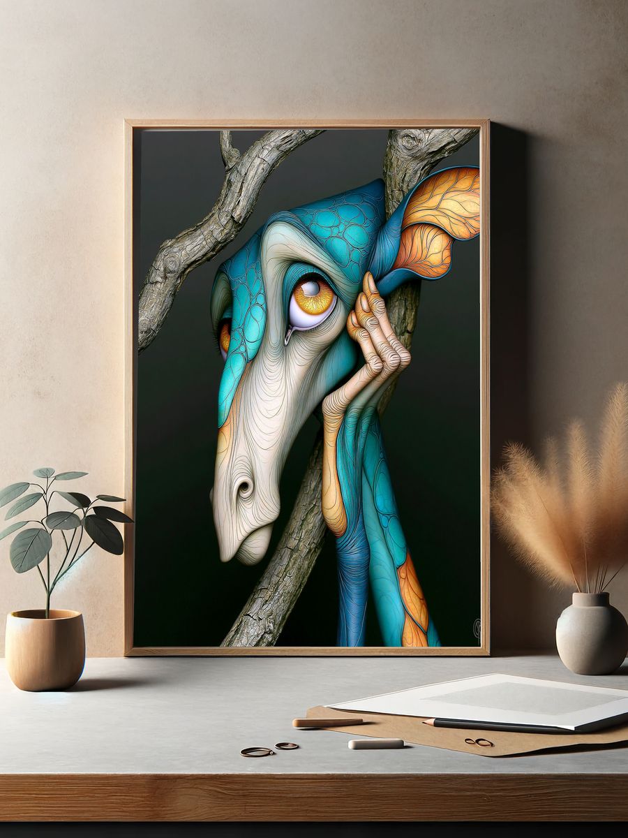 Surreal Giraffe Portrait Poster. — room view 2