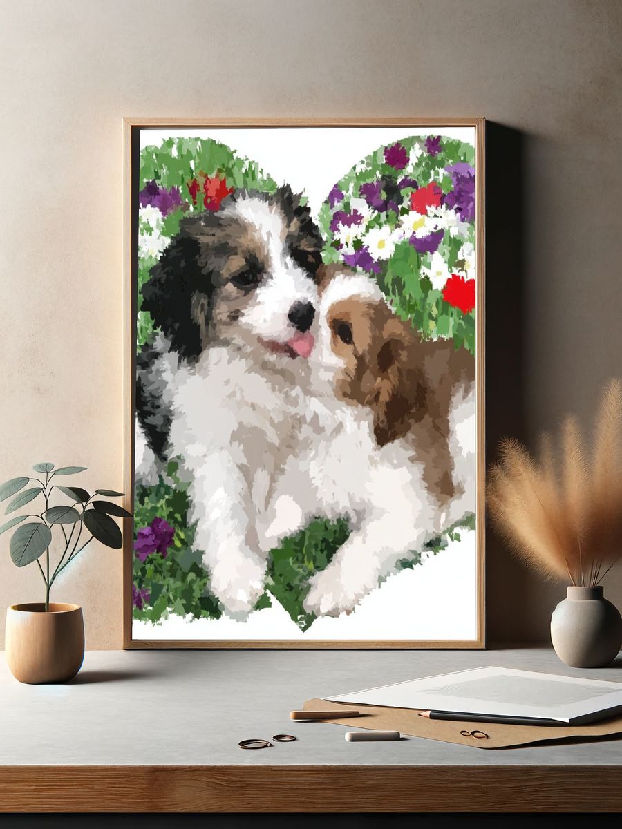 Puppy Floral Illustration Poster. — room view 2