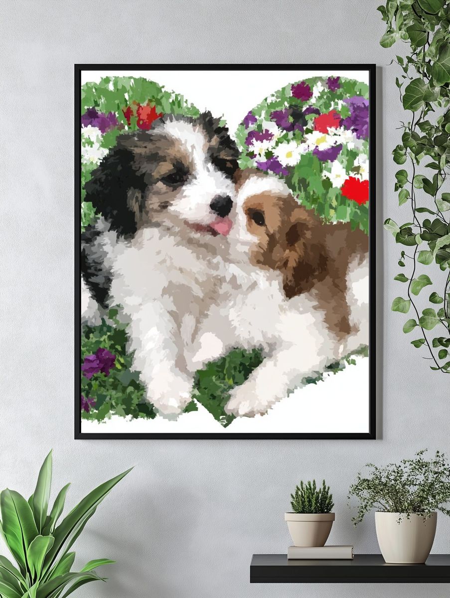 Puppy Floral Illustration Poster. — room view 4