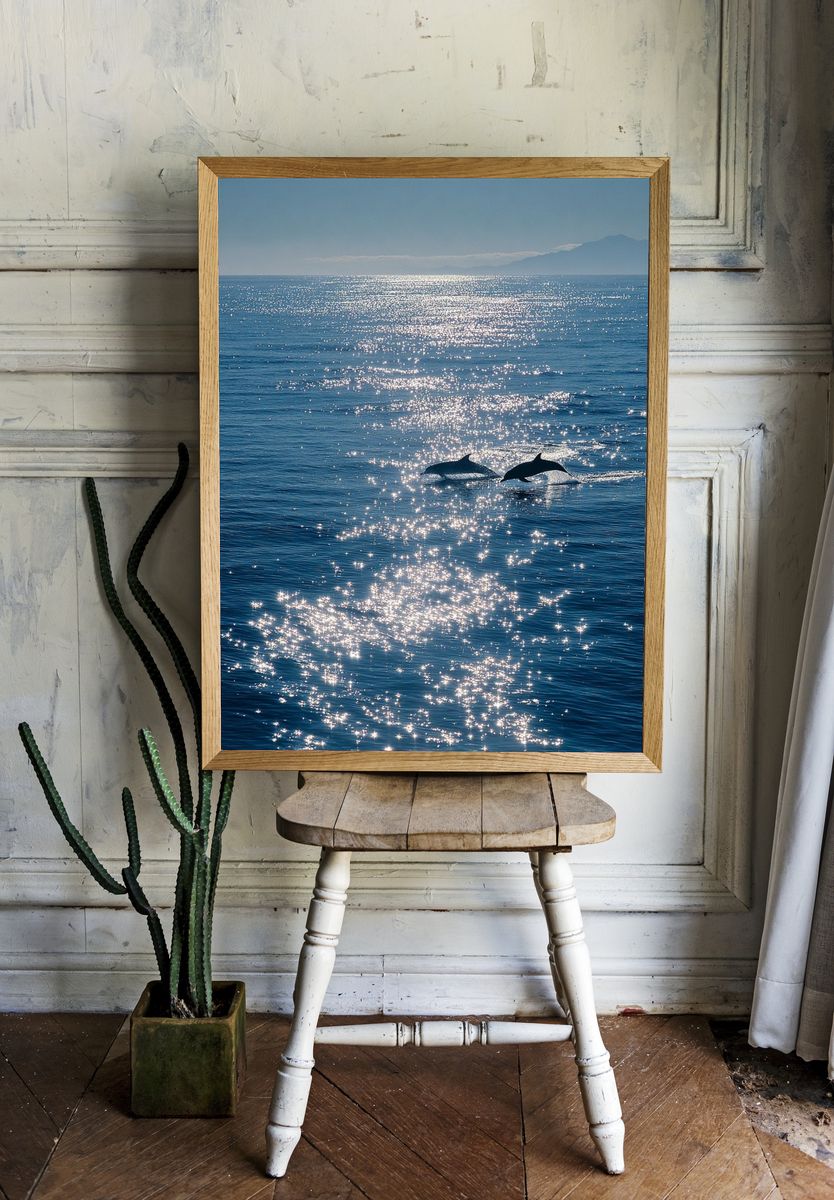 Dolphins at Sea Photography Poster. — room view 1