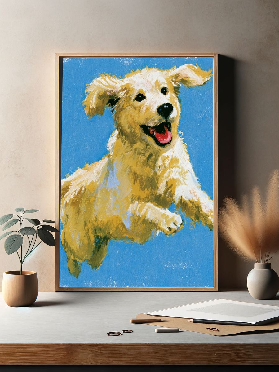 Playful Golden Retriever Illustration Poster. — room view 2