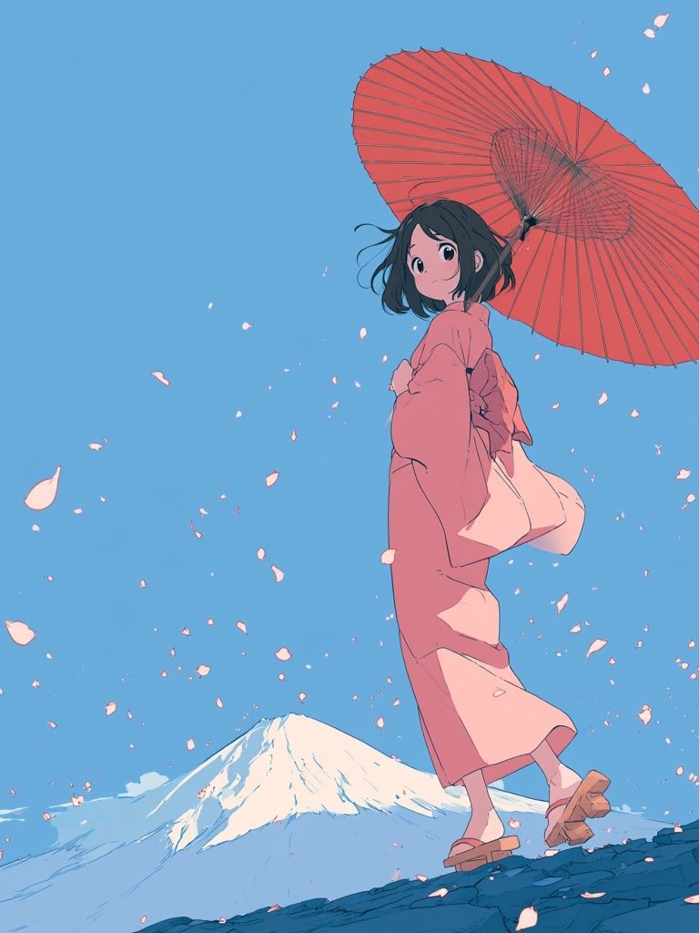 Kimono Girl with Umbrella Illustration Poster. poster detail
