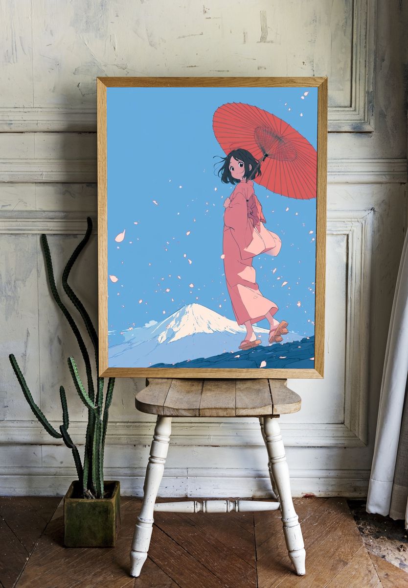 Kimono Girl with Umbrella Illustration Poster. room preview