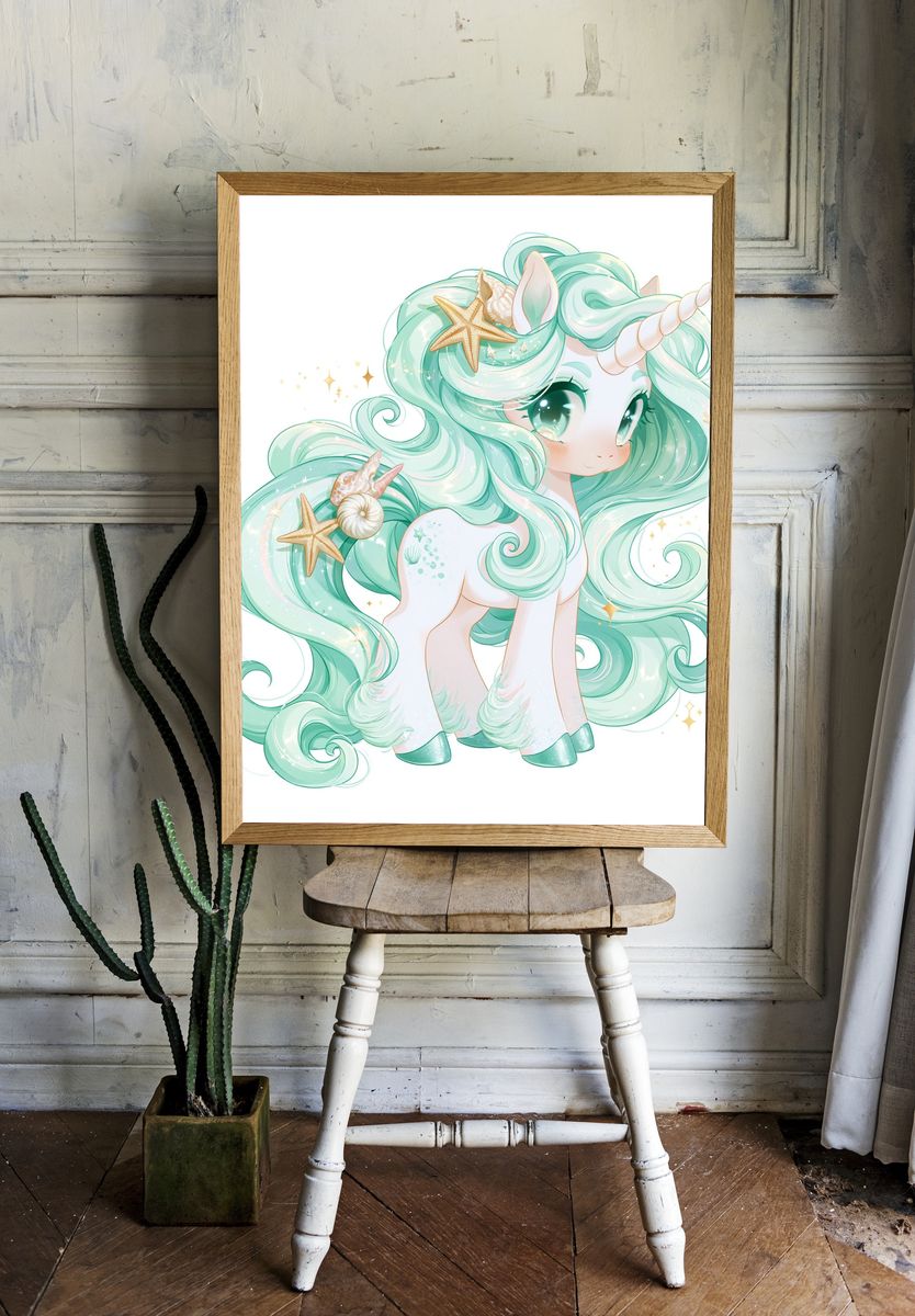 Sea Unicorn Kawaii Illustration Poster. — room view 1