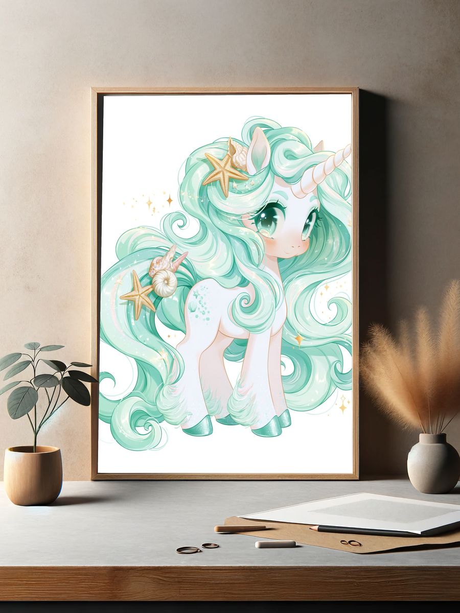Sea Unicorn Kawaii Illustration Poster. — room view 2