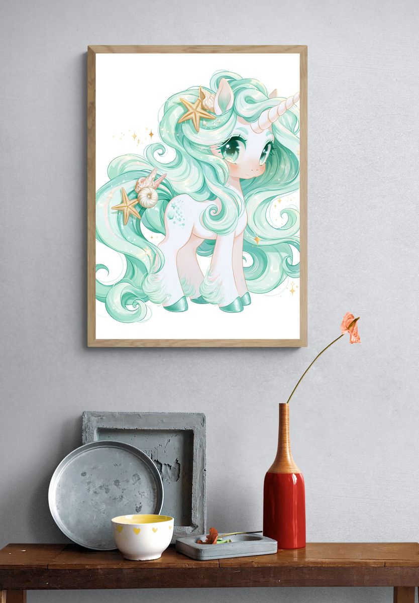 Sea Unicorn Kawaii Illustration Poster. — room view 3