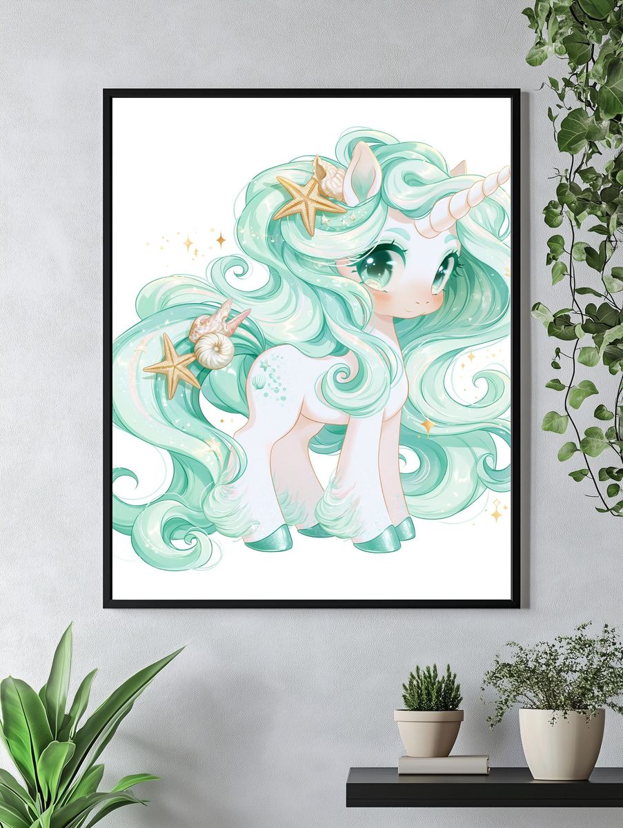 Sea Unicorn Kawaii Illustration Poster. — room view 4