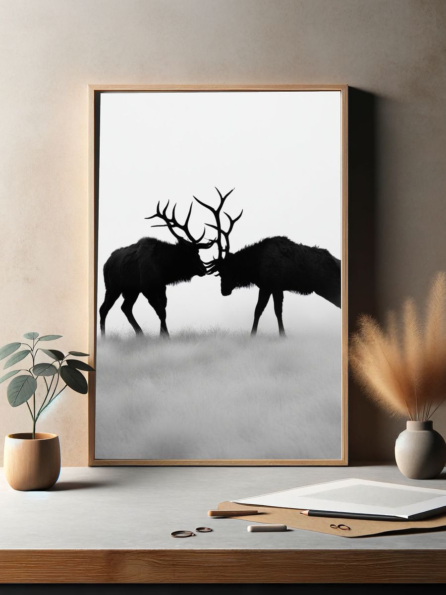 Stag Duel Black-White Poster. — room view 2
