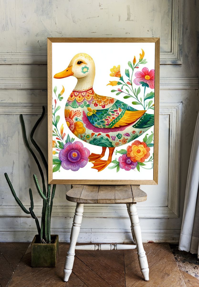 Floral Duck Watercolor Print. — room view 1