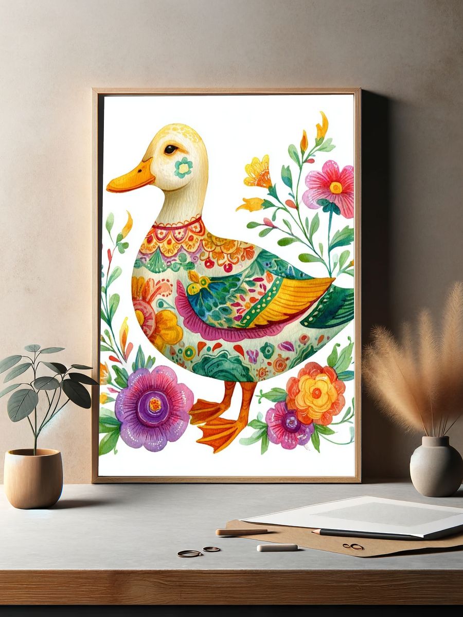 Floral Duck Watercolor Print. — room view 2