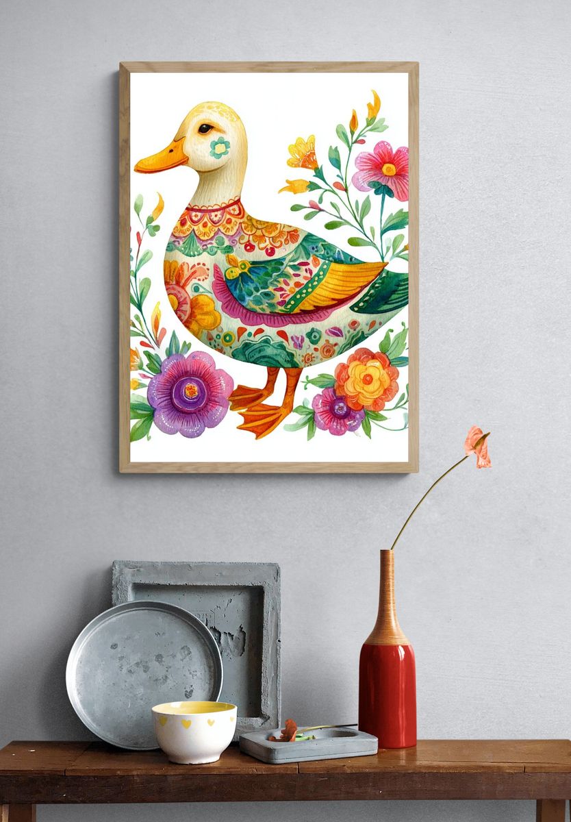 Floral Duck Watercolor Print. — room view 3