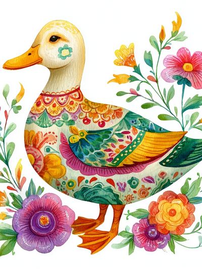 Floral Duck Watercolor Print. poster