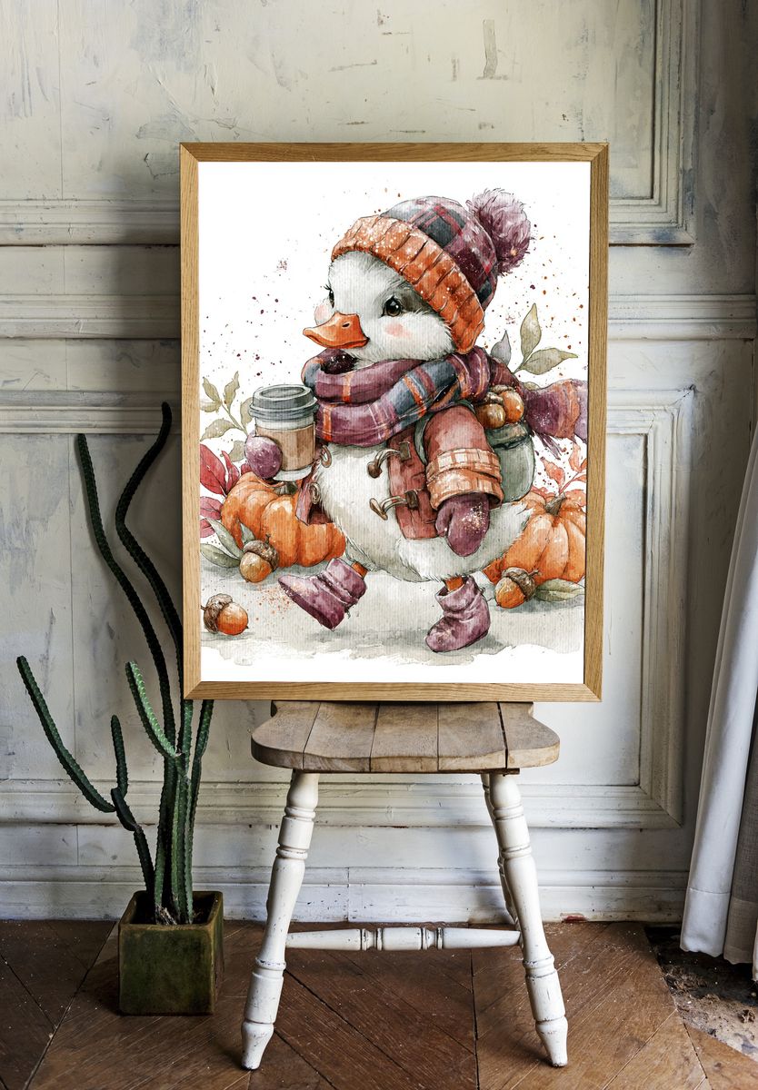 Autumn Duckling Watercolor Poster. — room view 1
