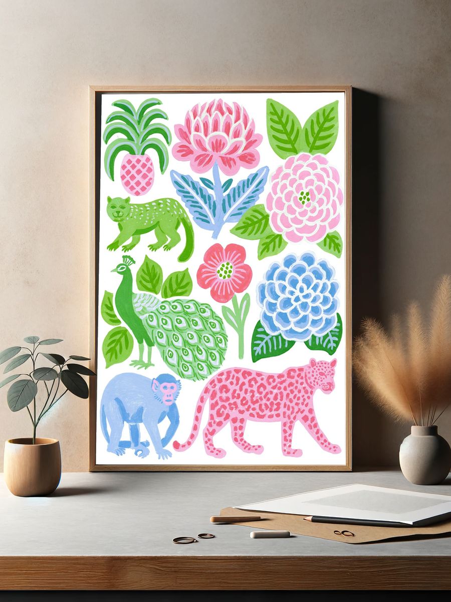 Tropical Jungle Animals Illustration Poster. — room view 2