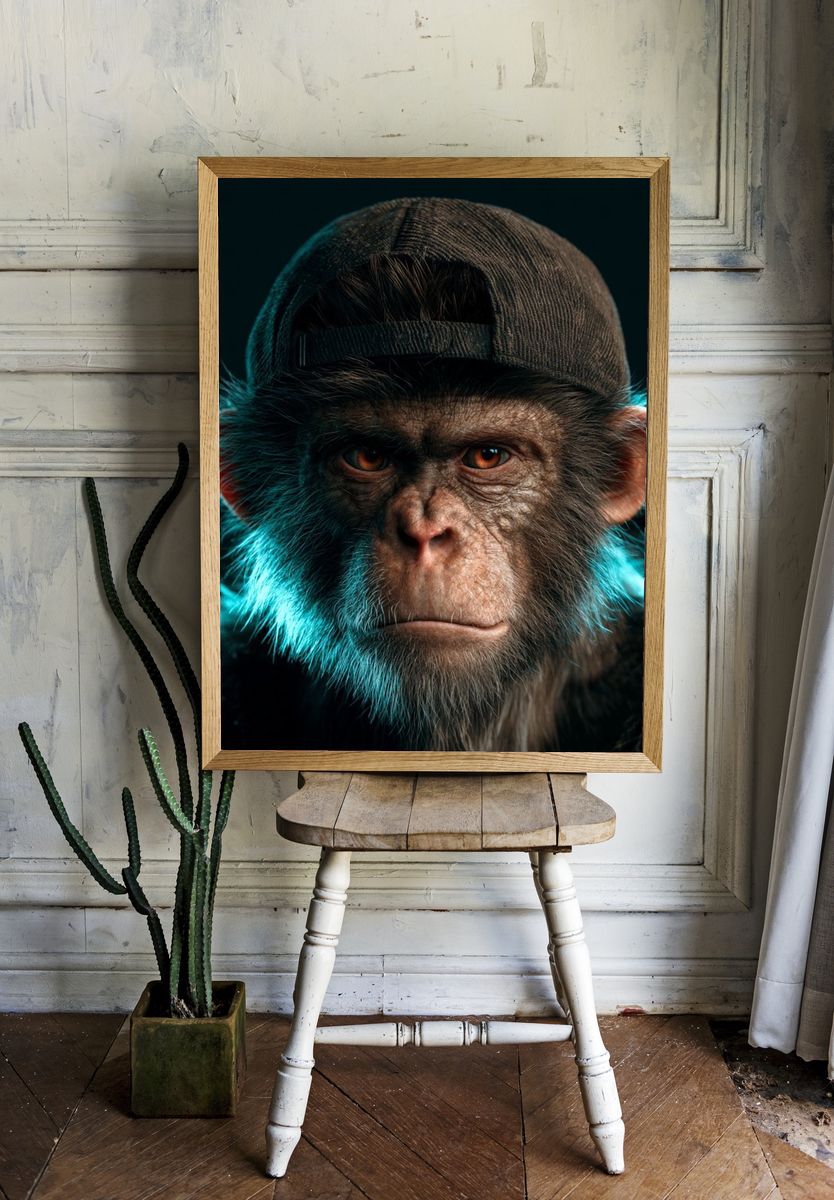 Chimpanzee Cap Portrait Poster. — room view 1