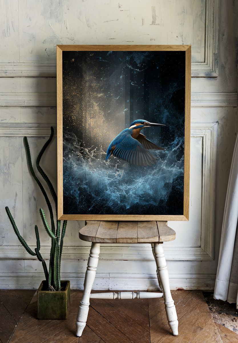 Kingfisher in Flight Illustration Poster. — room view 1