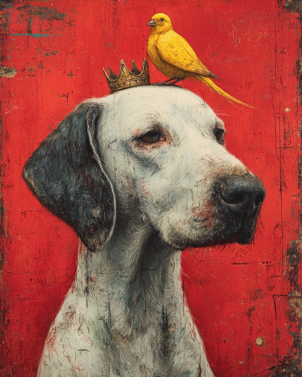 Crowned Dog and Canary Illustration Poster. poster detail