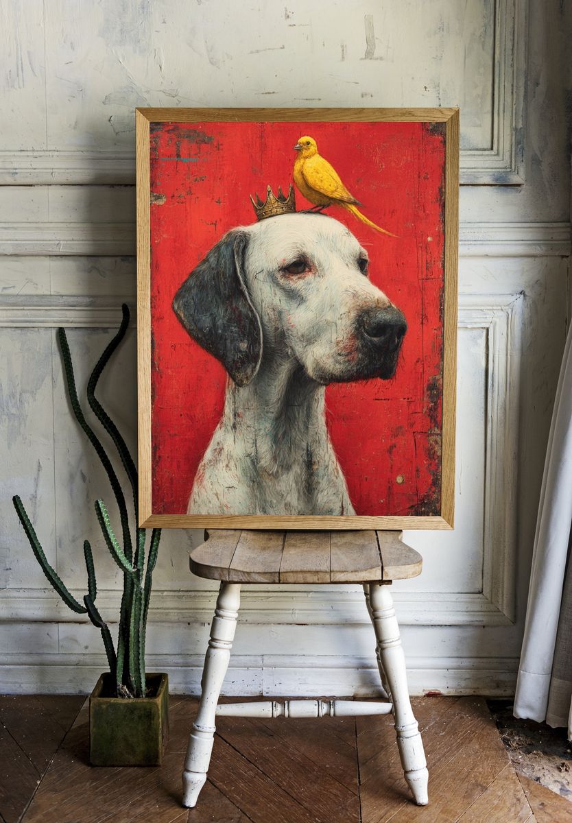 Crowned Dog and Canary Illustration Poster. — room view 1