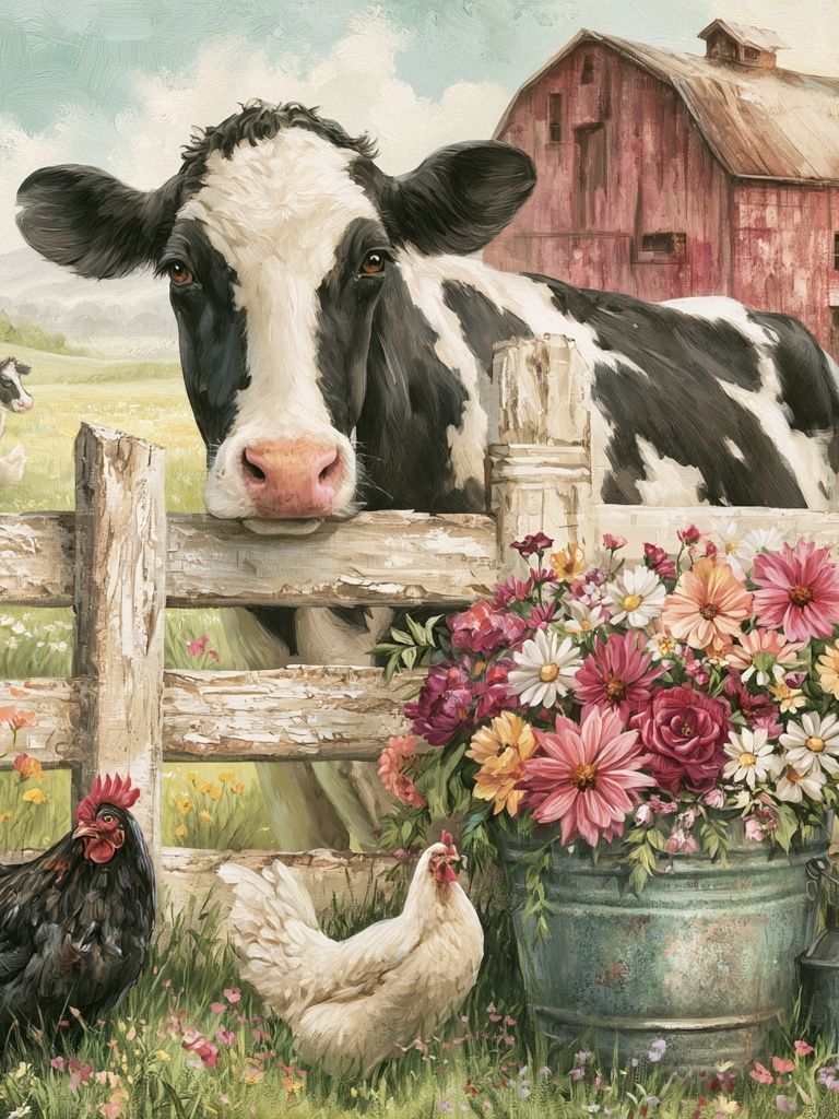 Farmyard Cow and Flowers Illustration Poster. poster — animals art