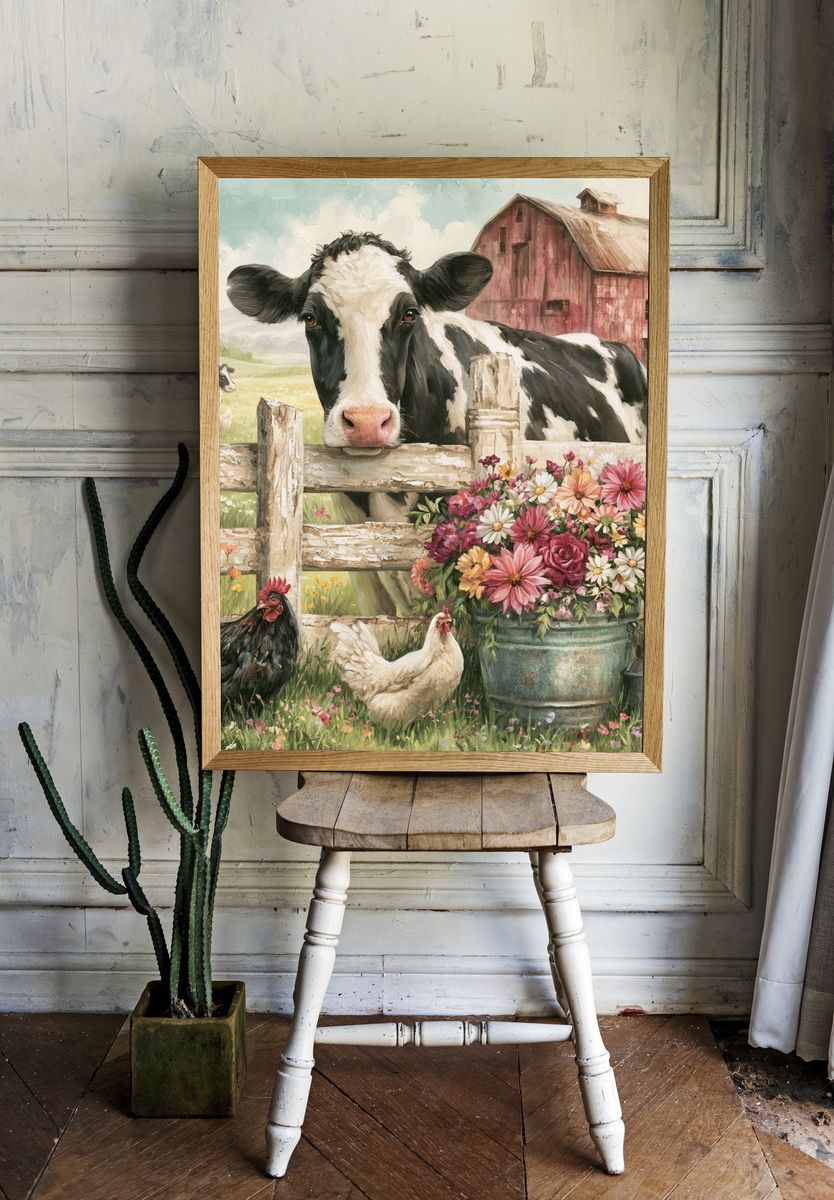 Farmyard Cow and Flowers Illustration Poster. — room view 1