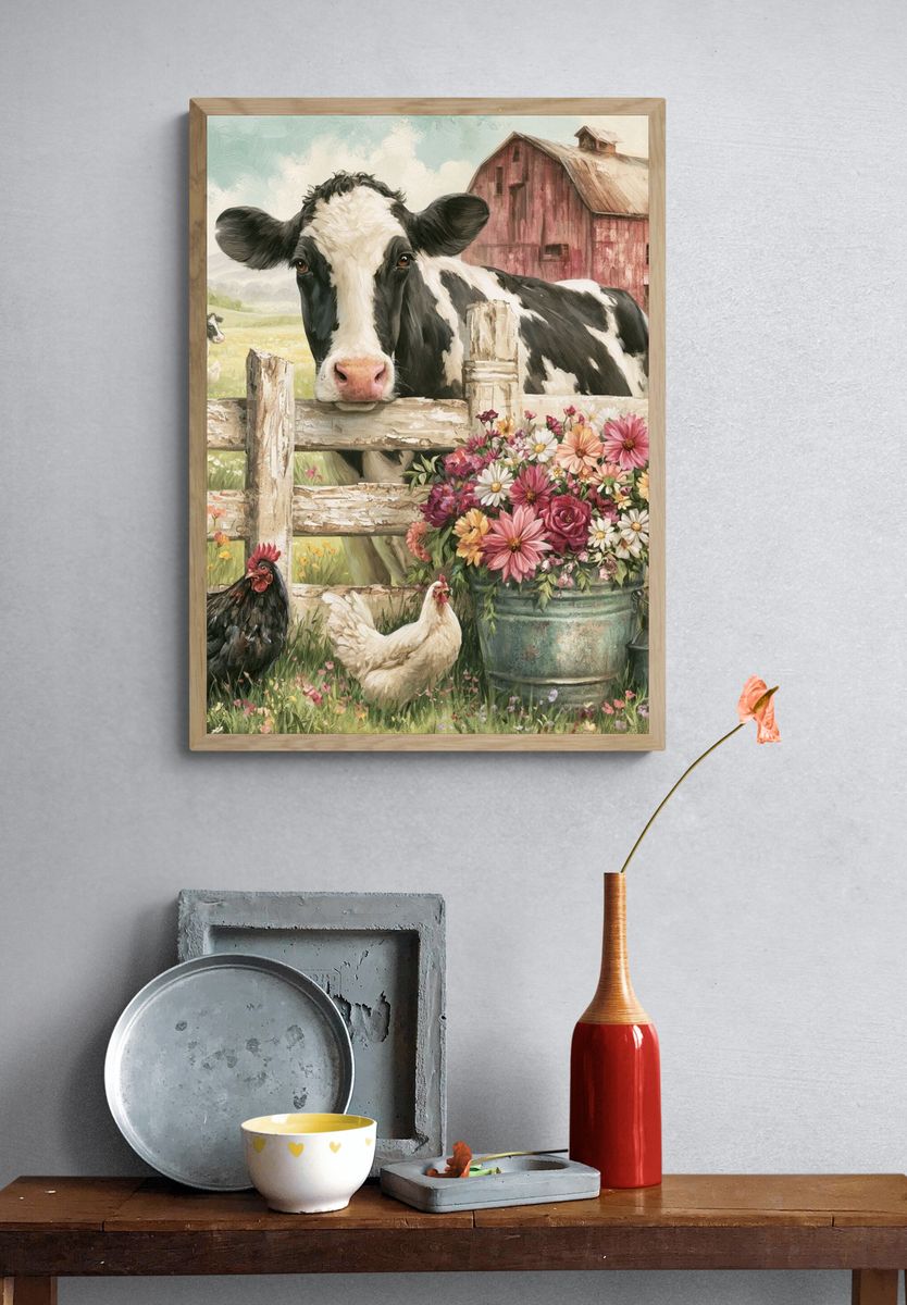 Farmyard Cow and Flowers Illustration Poster. — room view 3