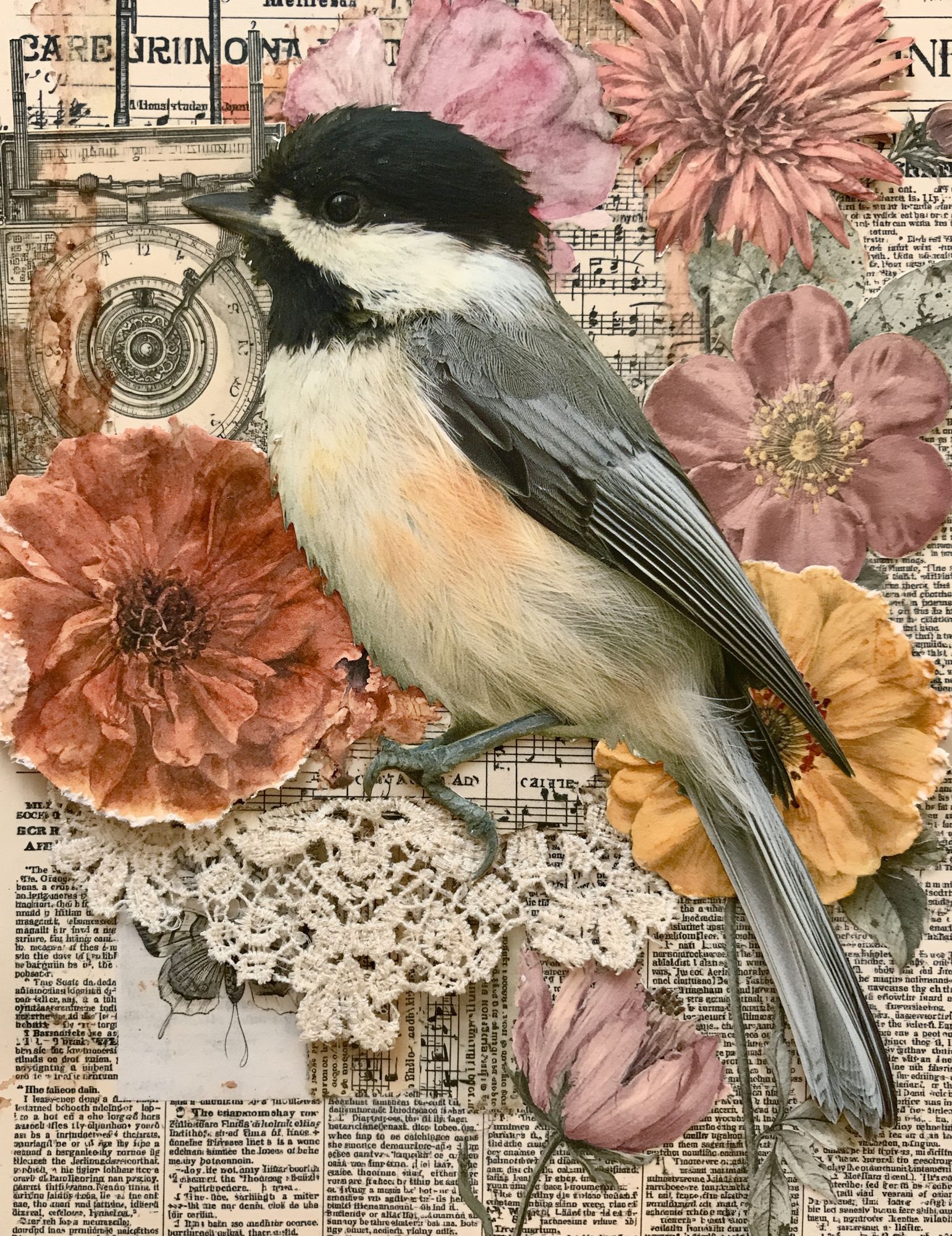 Chickadee Floral Collage Poster. poster — animals art