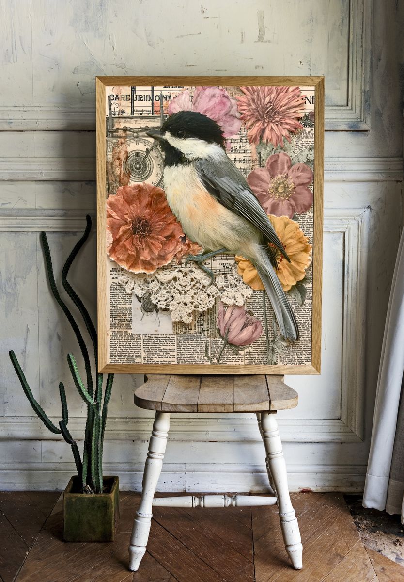 Chickadee Floral Collage Poster. — room view 1