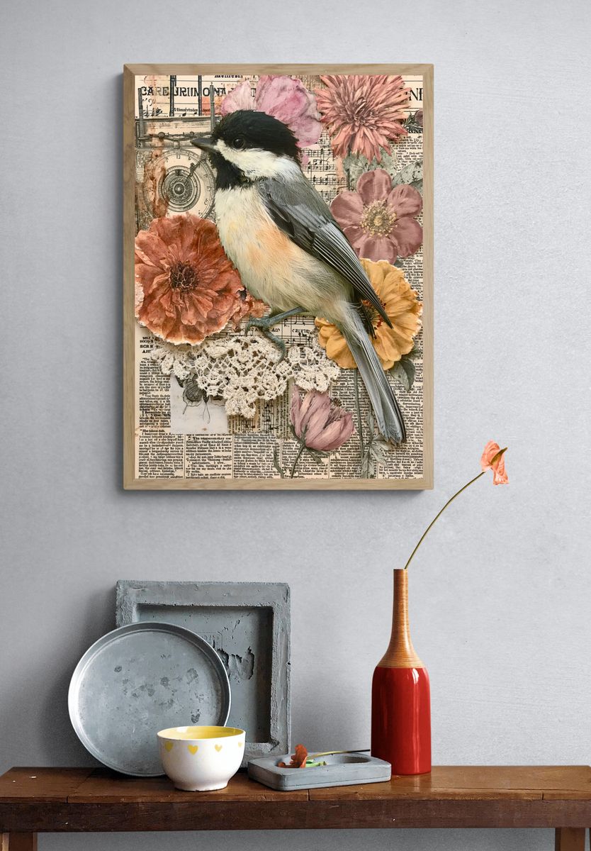 Chickadee Floral Collage Poster. — room view 3