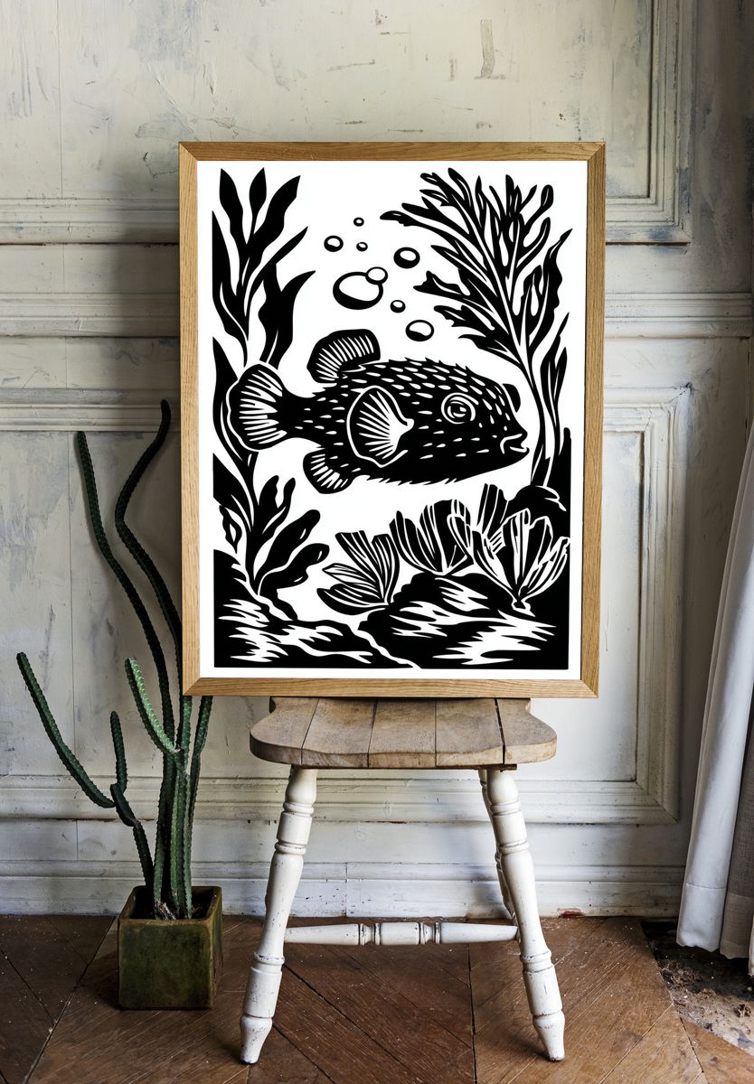 Pufferfish Seaweed Ink Poster. — room view 1