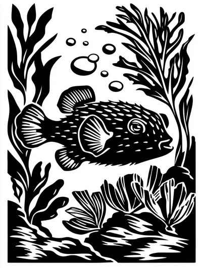 Pufferfish Seaweed Ink Poster. poster