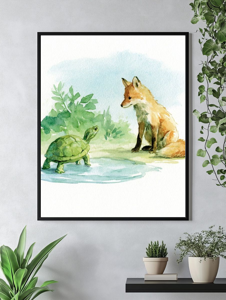 Fox and Turtle Watercolor Poster. — room view 4