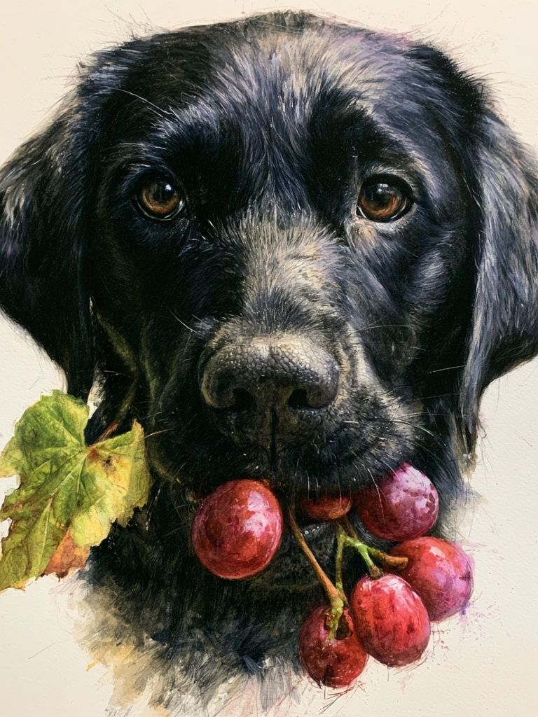 Black Labrador with Grapes Illustration Poster. poster detail