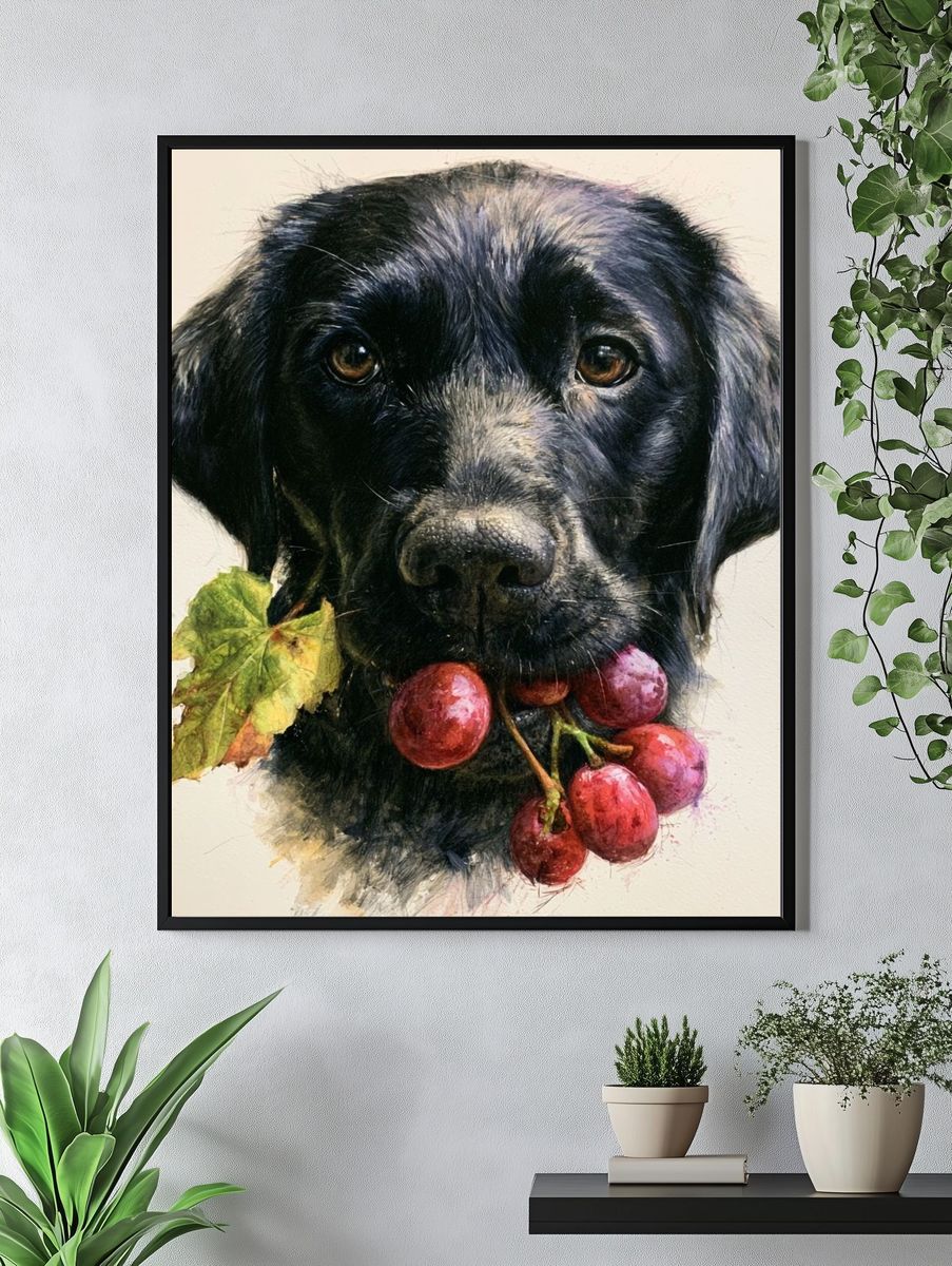 Black Labrador with Grapes Illustration Poster. — room view 4