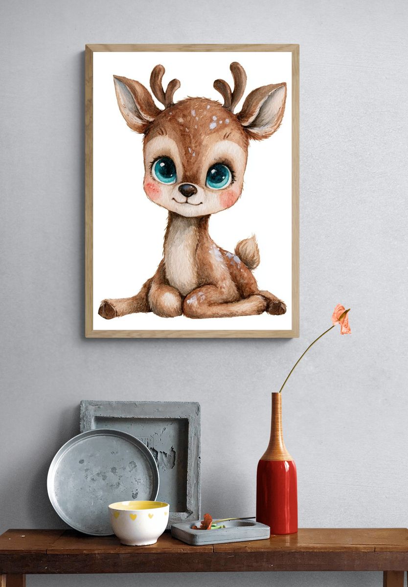 Cute Baby Deer Watercolor Print. — room view 3