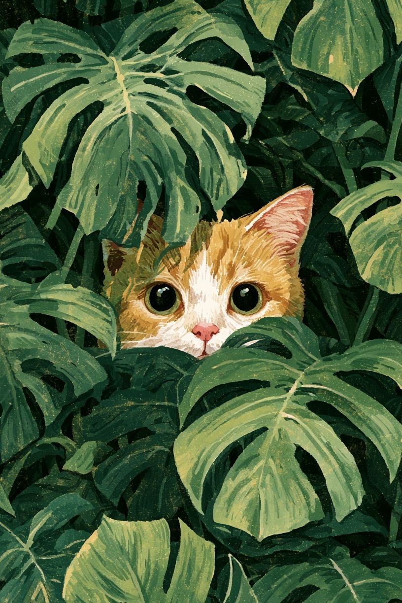 Hidden Cat in Monstera Illustration Poster. poster detail