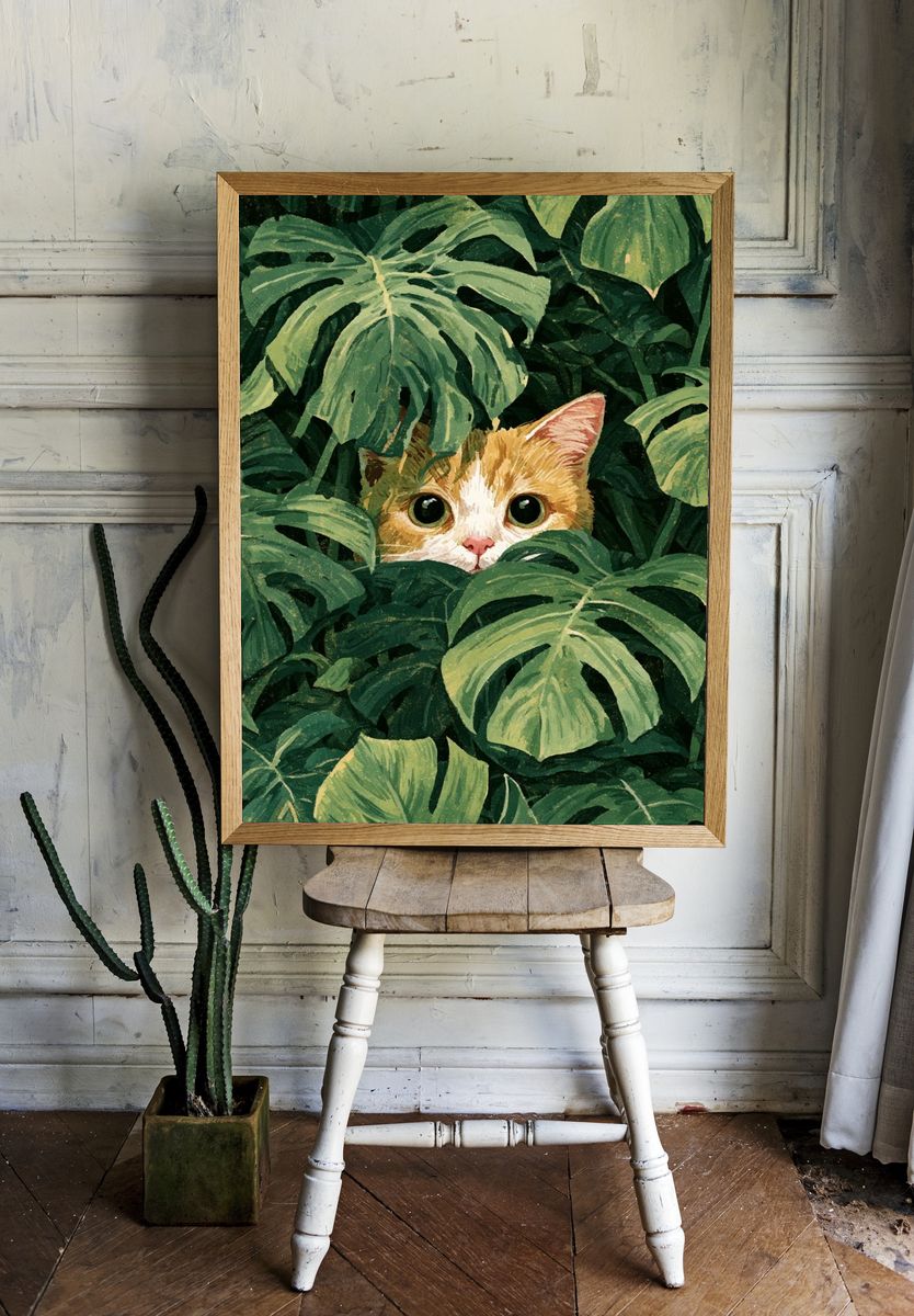Hidden Cat in Monstera Illustration Poster. — room view 1