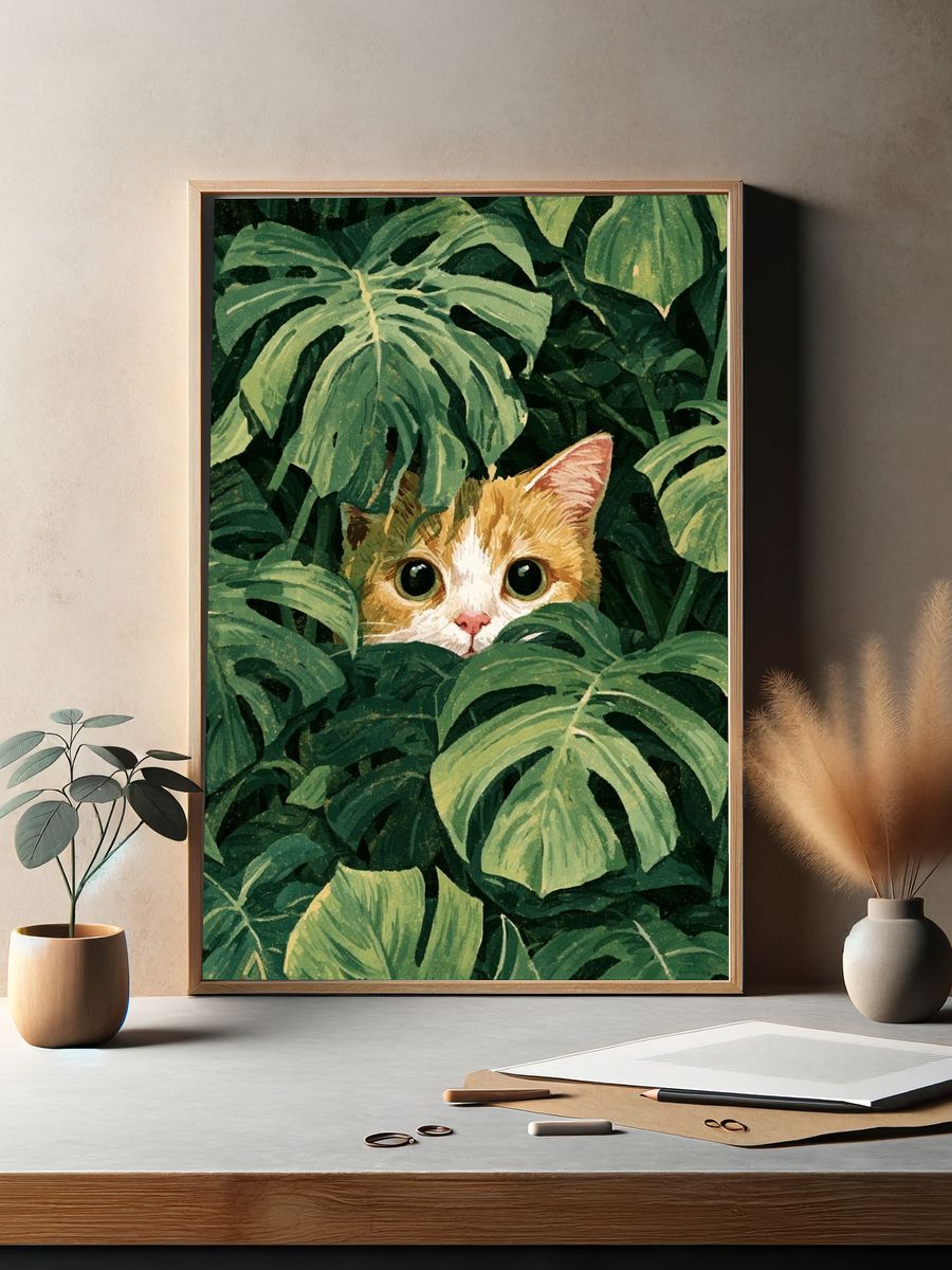 Hidden Cat in Monstera Illustration Poster. — room view 2