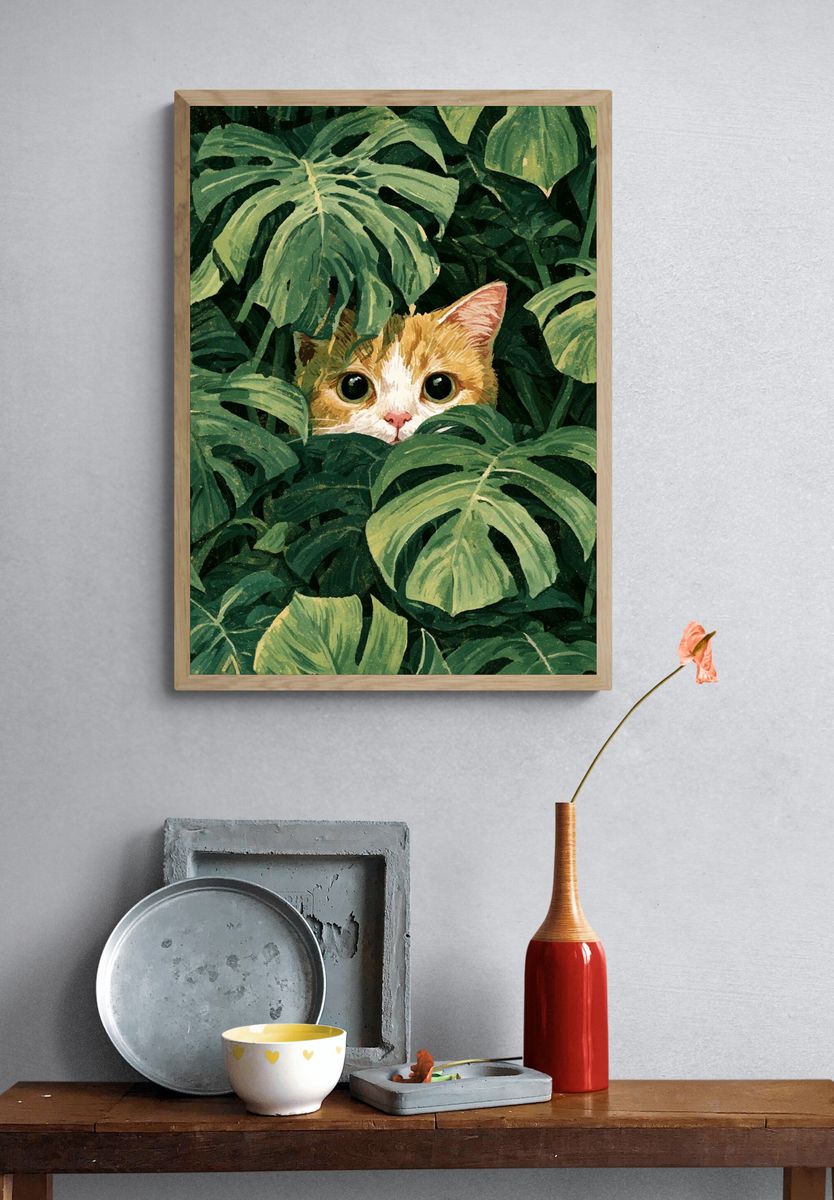 Hidden Cat in Monstera Illustration Poster. — room view 3