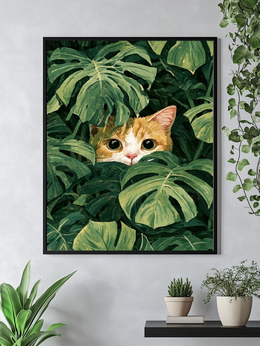 Hidden Cat in Monstera Illustration Poster. — room view 4