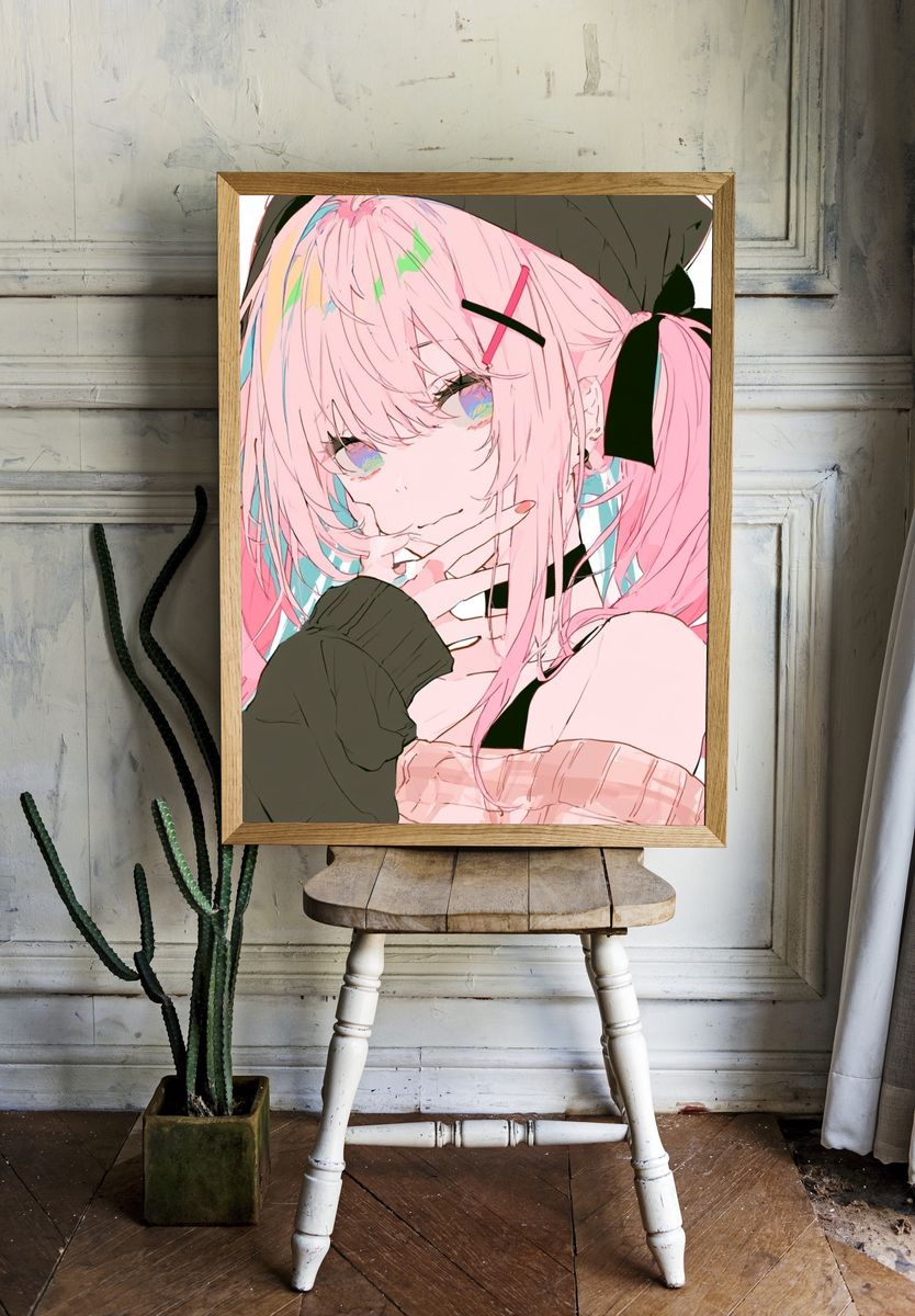Pink Haired Anime Girl Print. — room view 1