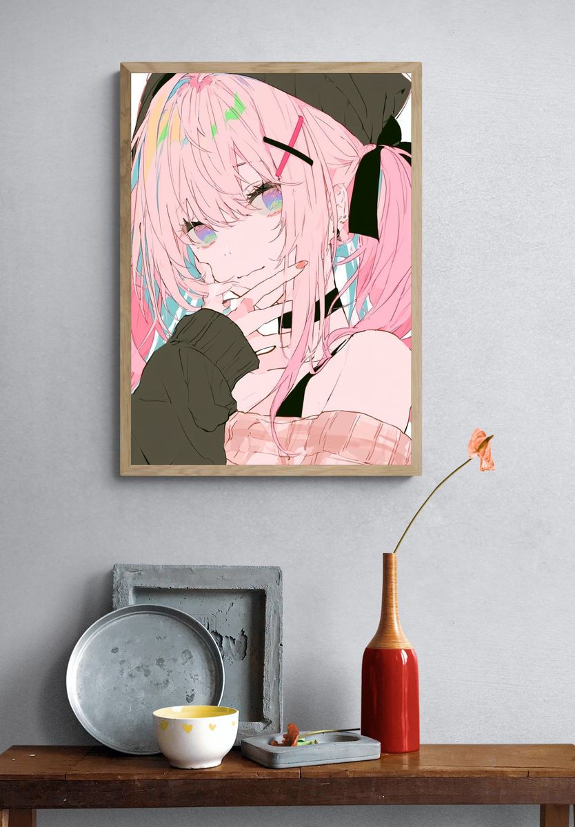 Pink Haired Anime Girl Print. — room view 3