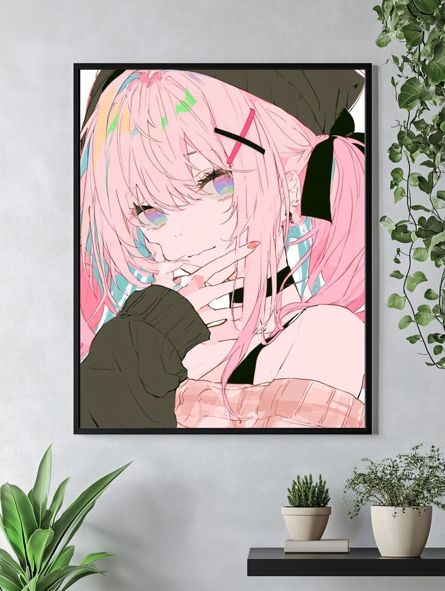 Pink Haired Anime Girl Print. — room view 4