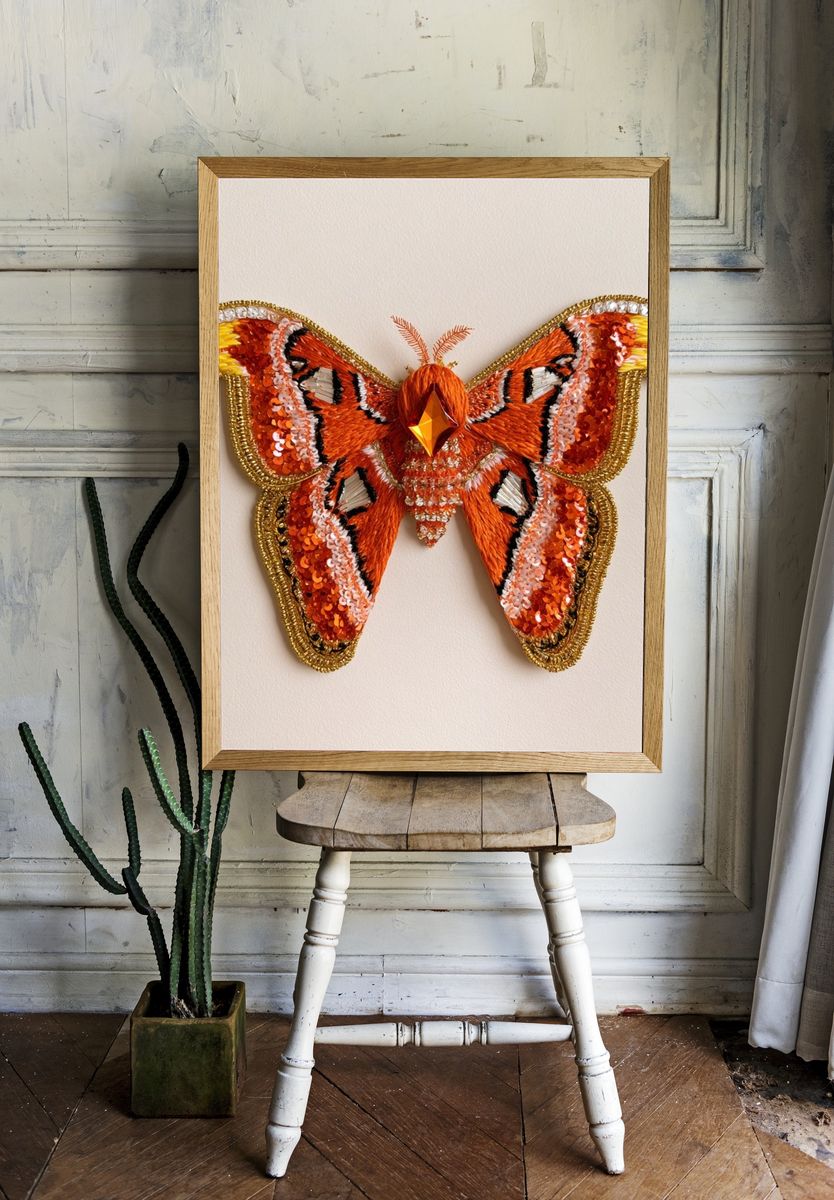 Embroidered Moth Butterfly Print. — room view 1